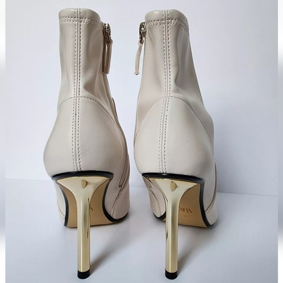 ZARA BOOTIES CREAM OFF WHITE GOLD HEEL ZIP 3.5" HEEL 38 7.5 NEW - Picture 3 of 11